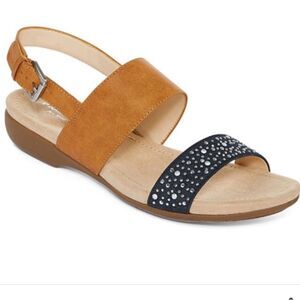 St John’s Bay Zen Tan Denim Sandals Bling Comfort Minimalist Size 9M New